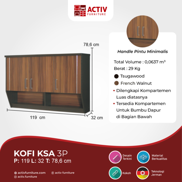 Kofi-KSA-3P_Tsugawood-French-Walnut Kitchen Set Atas / Lemari gantung Dapur Activ Kofi KSA 3P