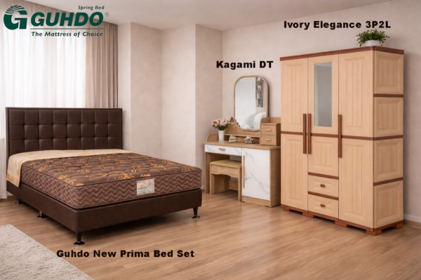 Promo Kamar Set Deluxe 5 ( Kasur Guhdo Springbed + Lemari Plastik 3 Pintu IVORY + Meja rias Dachi )