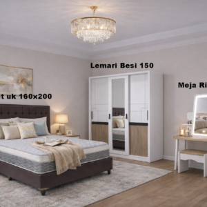 Paket Kamar Set Gold 4 ( Bed Set  GMW Virgo PT 160+ Lemari Besi 3 Pintu + Meja rias LED )