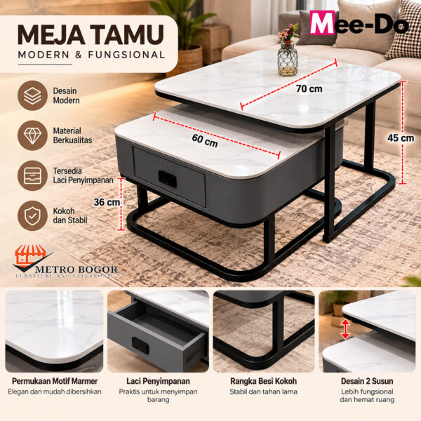Meja tamu 2 susun Mee do CT Marvin Top Granit